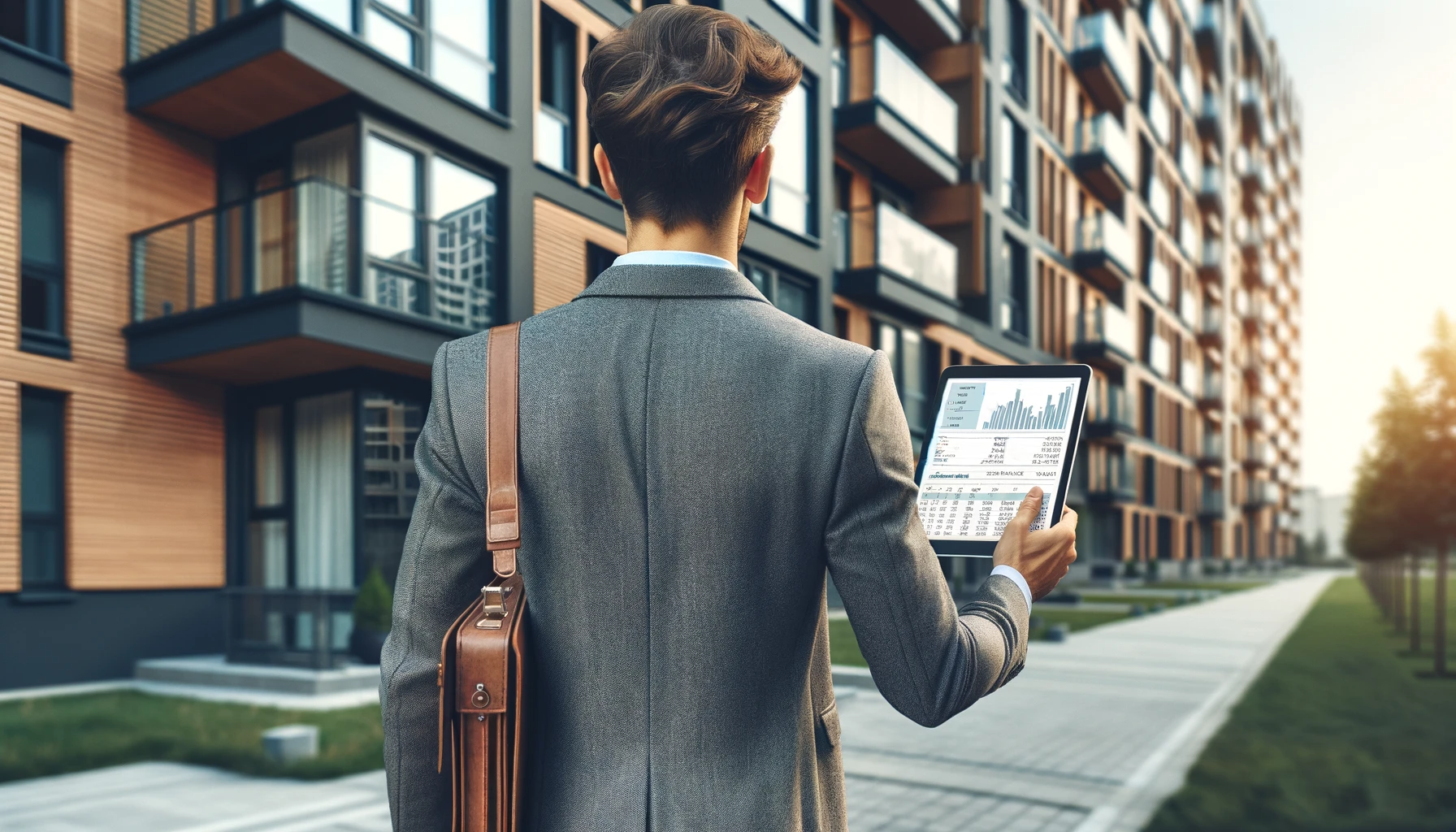 A well-dressed young man walking alongside an apartment building holding a tablet with investment information.
