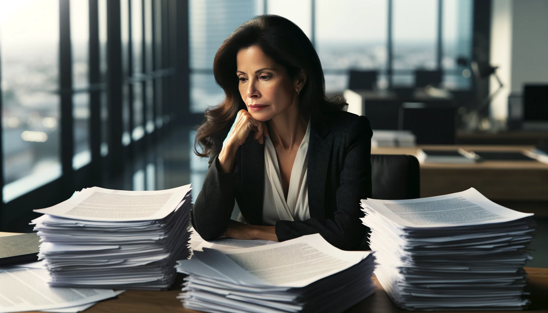 a 40-year-old woman sits at an office table contemplating next to three stacks of paper